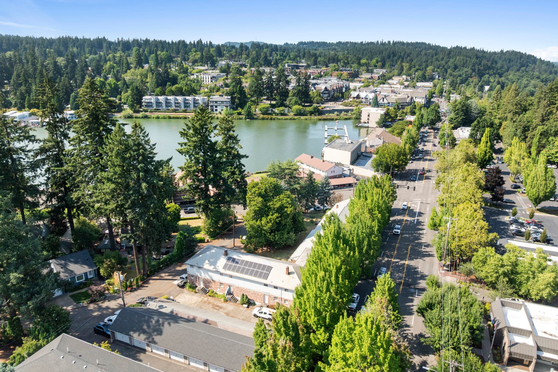 Aerial view of North Shore Apartments adjacent to Lake Oswego