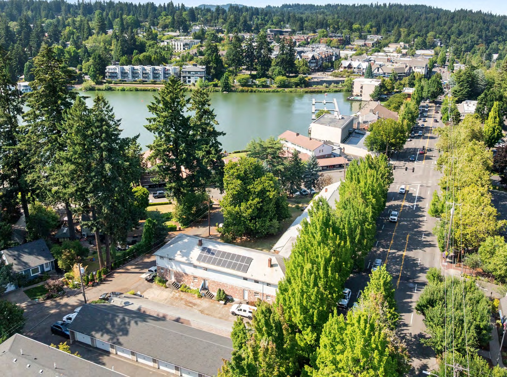 Aerial view of North Shore Apartments adjacent to Lake Oswego